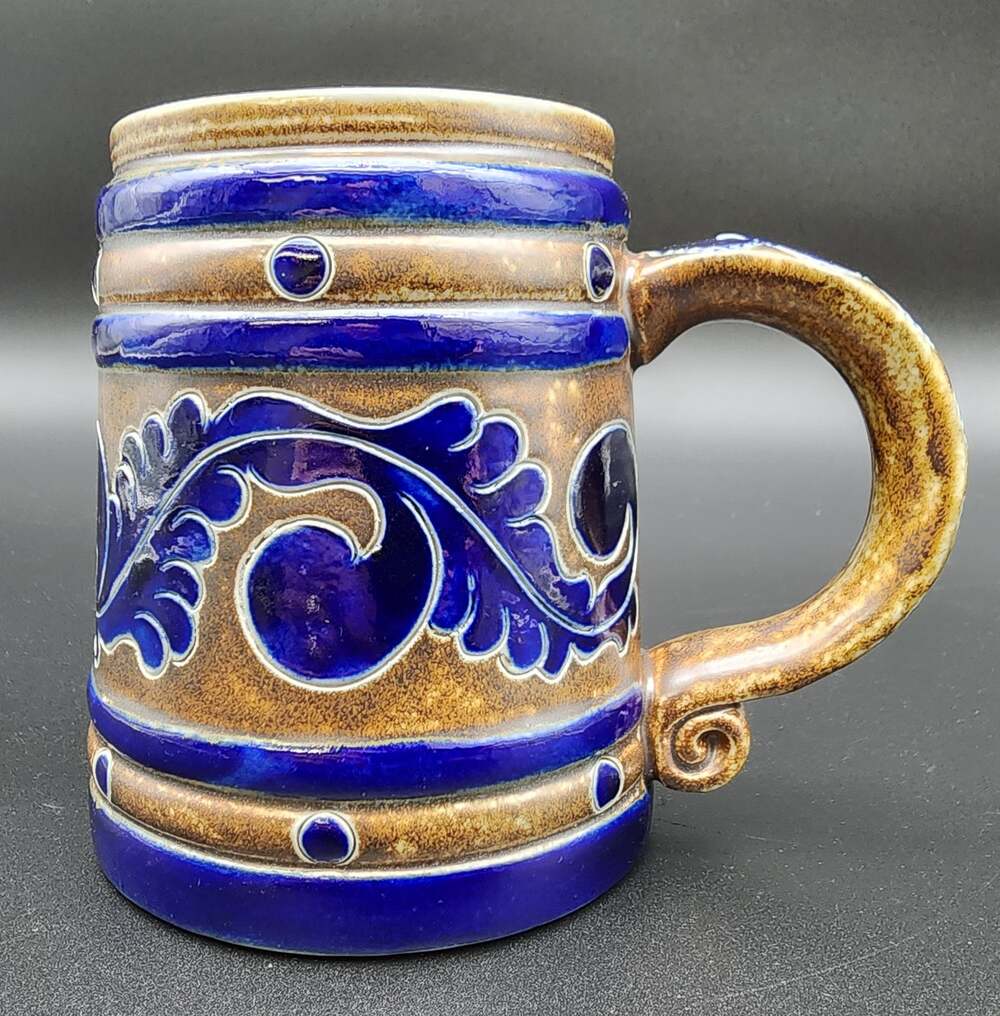 Vintage Goebel Merkelbach Stoneware Mug Cobalt Blue Salt Glaze Raised Design